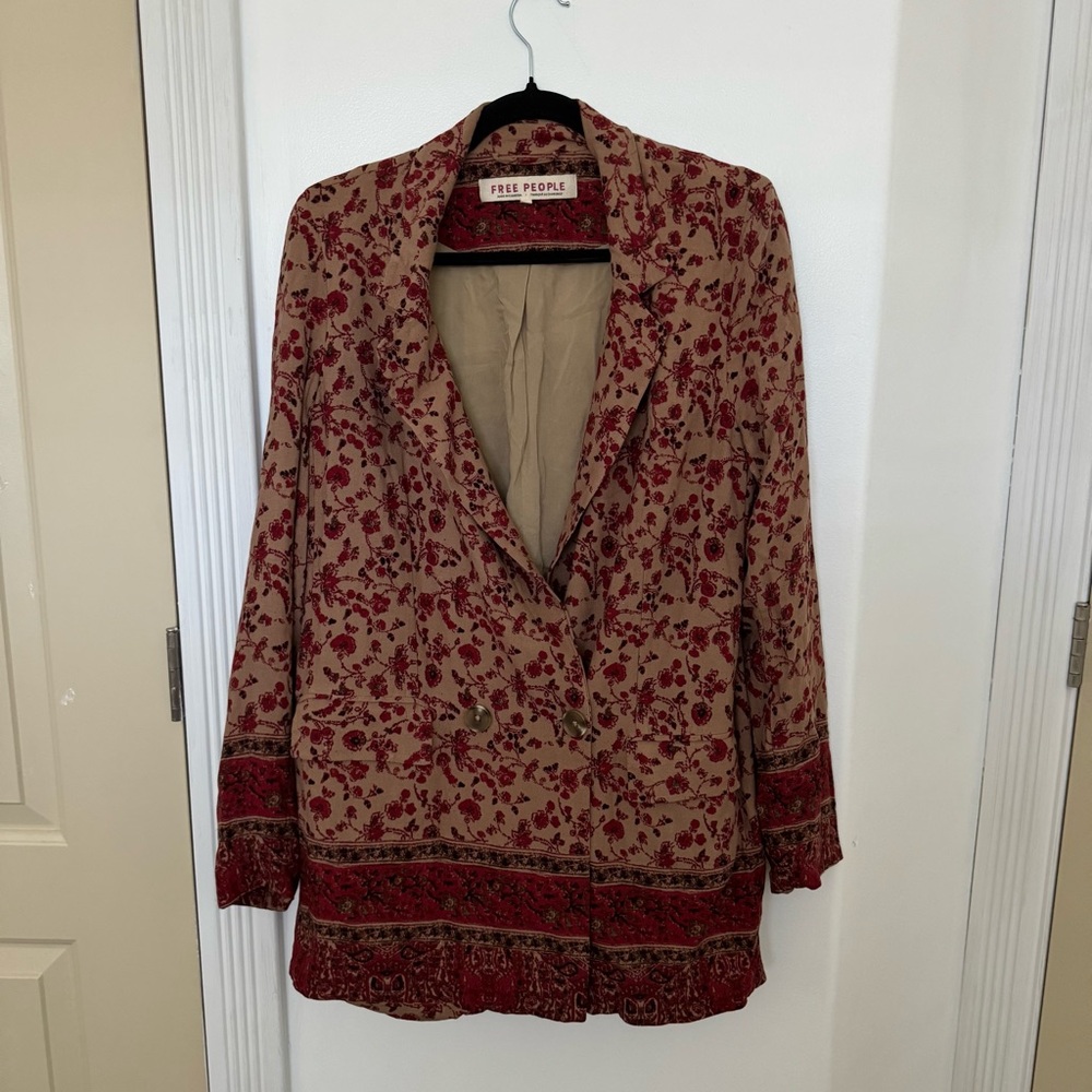 Free People Red and Tan Floral Blazer Size S